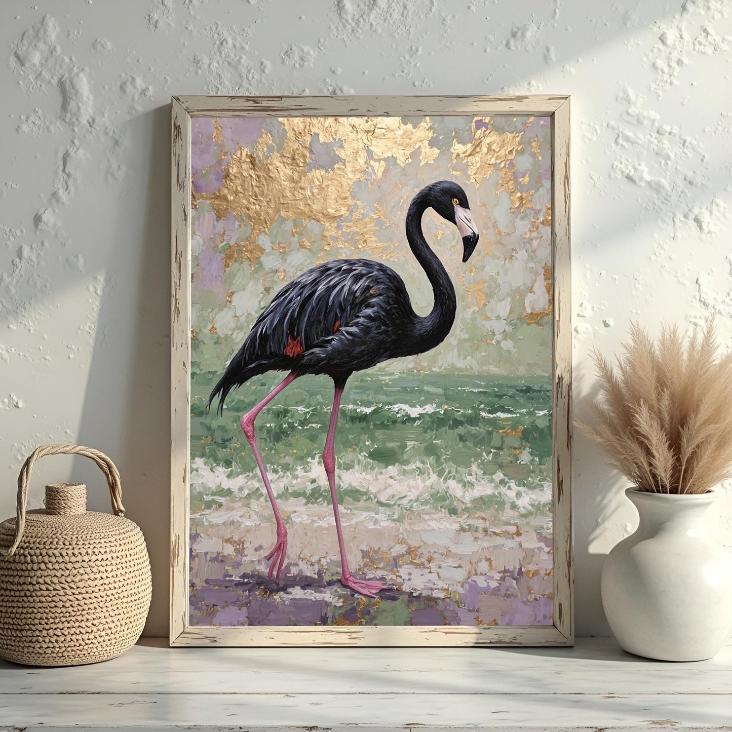 Black Flamingo Abstract Art Print: Purple, Green & Gold Tropical Decor