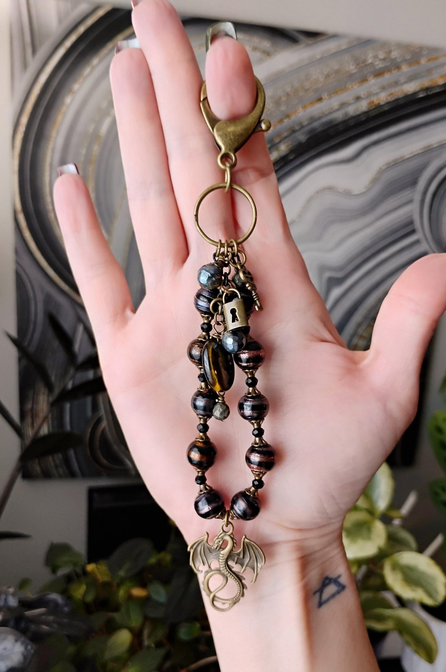 Bronze Dragon Purse Charm with Blue Tiger's Eye and Glass Beads