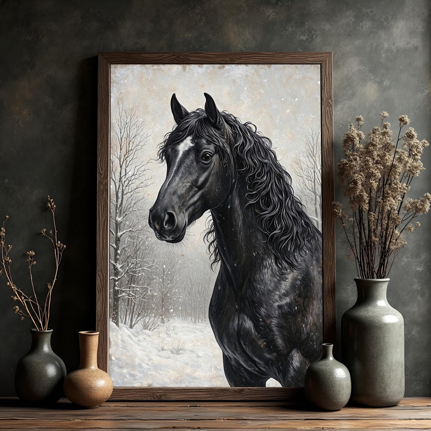 Black Horse Portrait Art Print: Winter Snow Scene