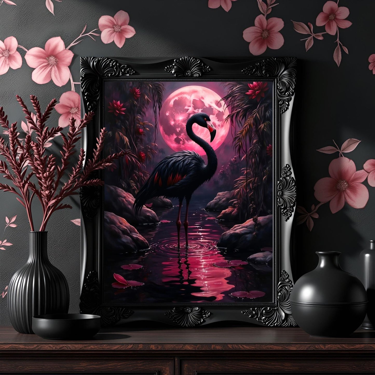 Black Flamingo Art Print: Gothic Tropical Decor