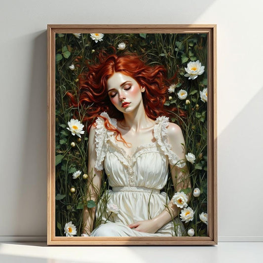 Woman Laying in a Meadow Art Print: Dark Academia Home Decor