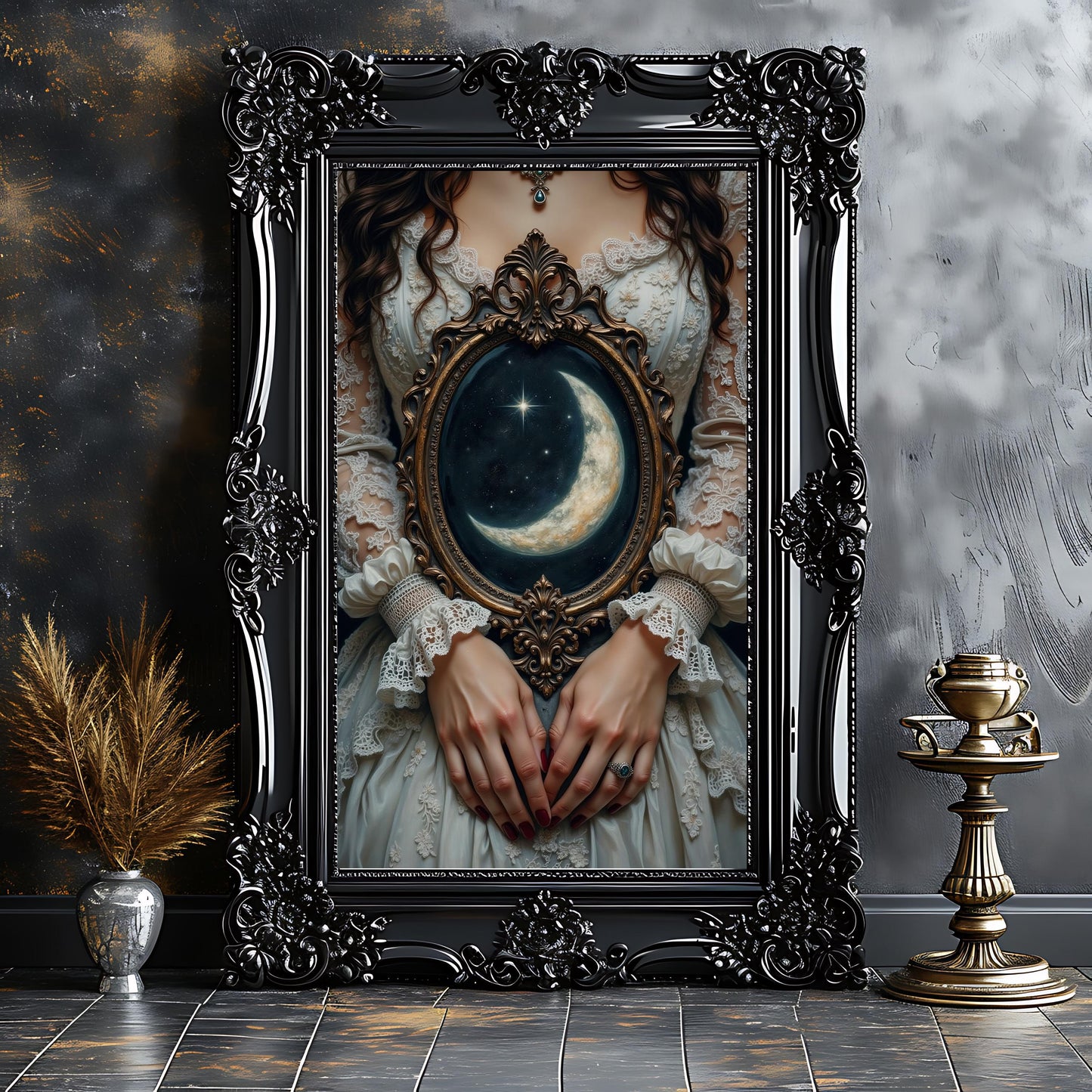 Woman with Moon Mirror Print: Dark Academia Gothic Art
