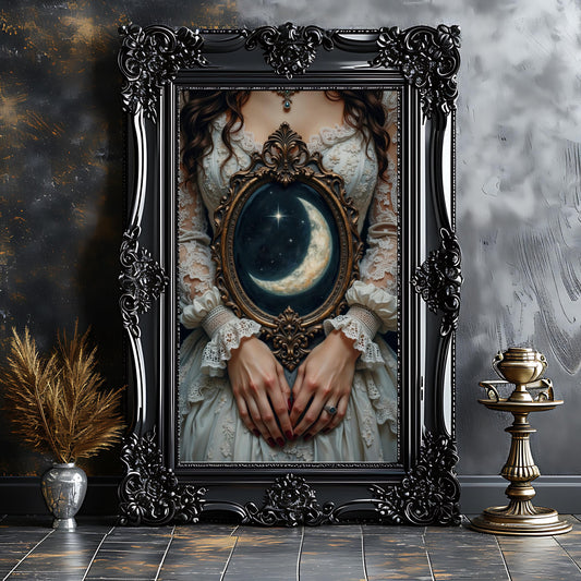Woman with Moon Mirror Print: Dark Academia Gothic Art