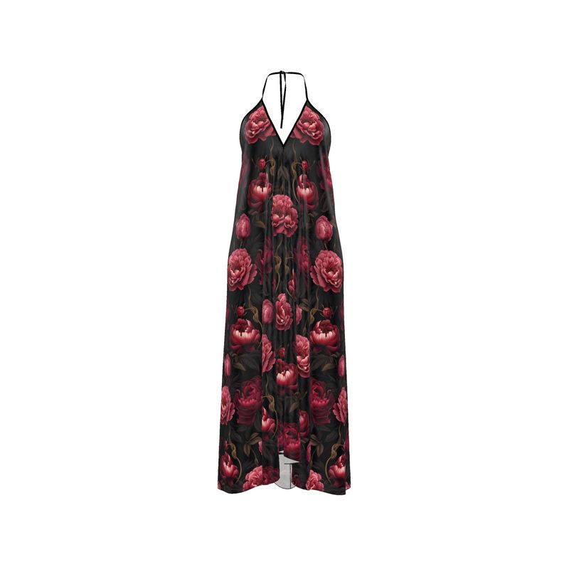 Red & Black Floral Backless Halterneck Dress