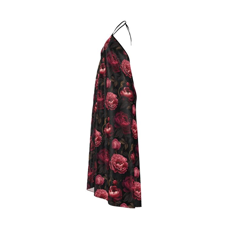 Red & Black Floral Backless Halterneck Dress