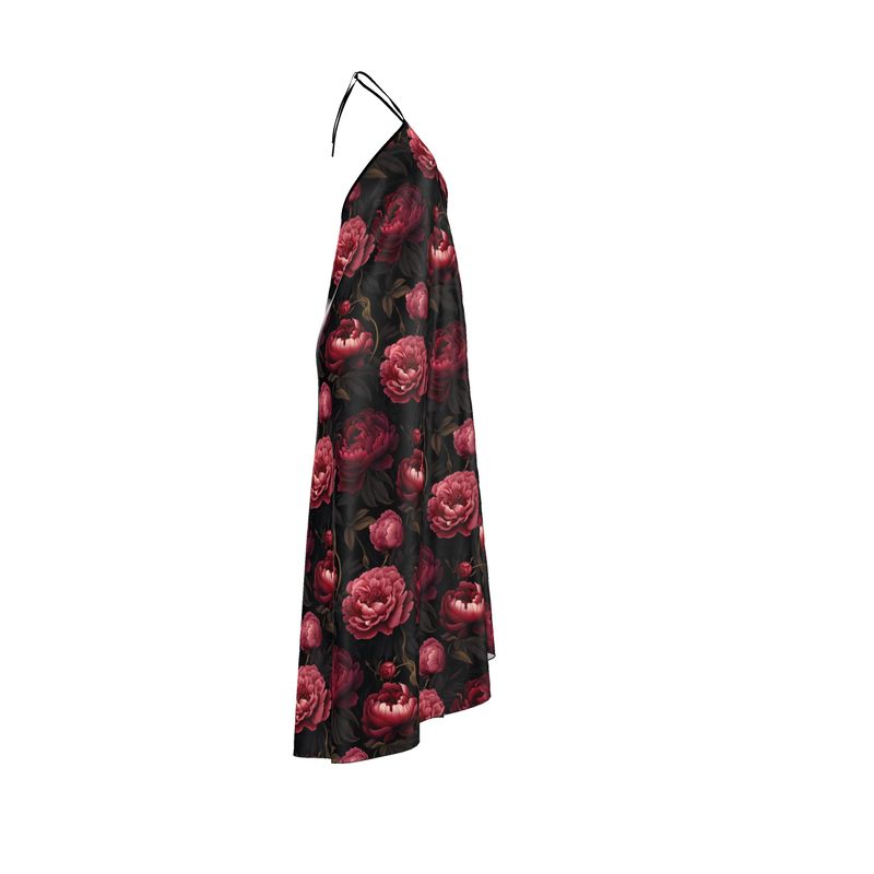 Red & Black Floral Backless Halterneck Dress