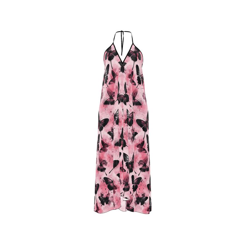 Black and Pink Butterfly Halterneck Midi dress