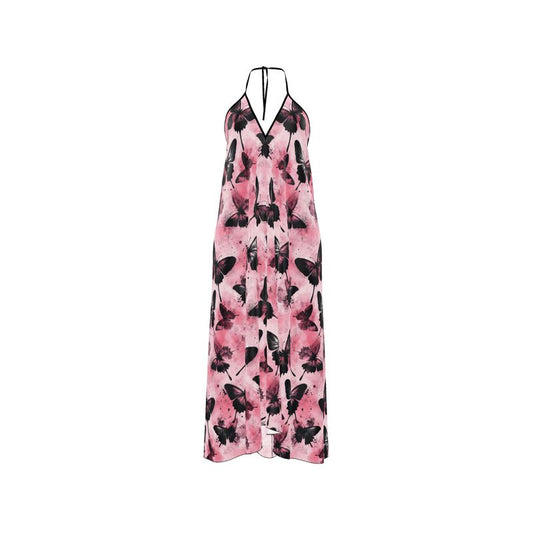 Black and Pink Butterfly Halterneck Midi dress