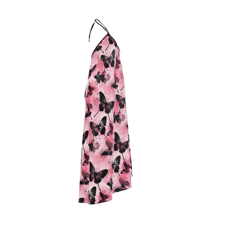 Black and Pink Butterfly Halterneck Midi dress