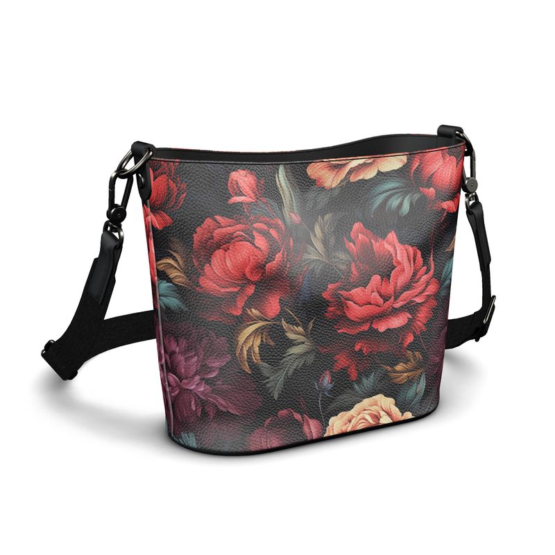 Red and Violet Floral Peony Leather Bucket Purse