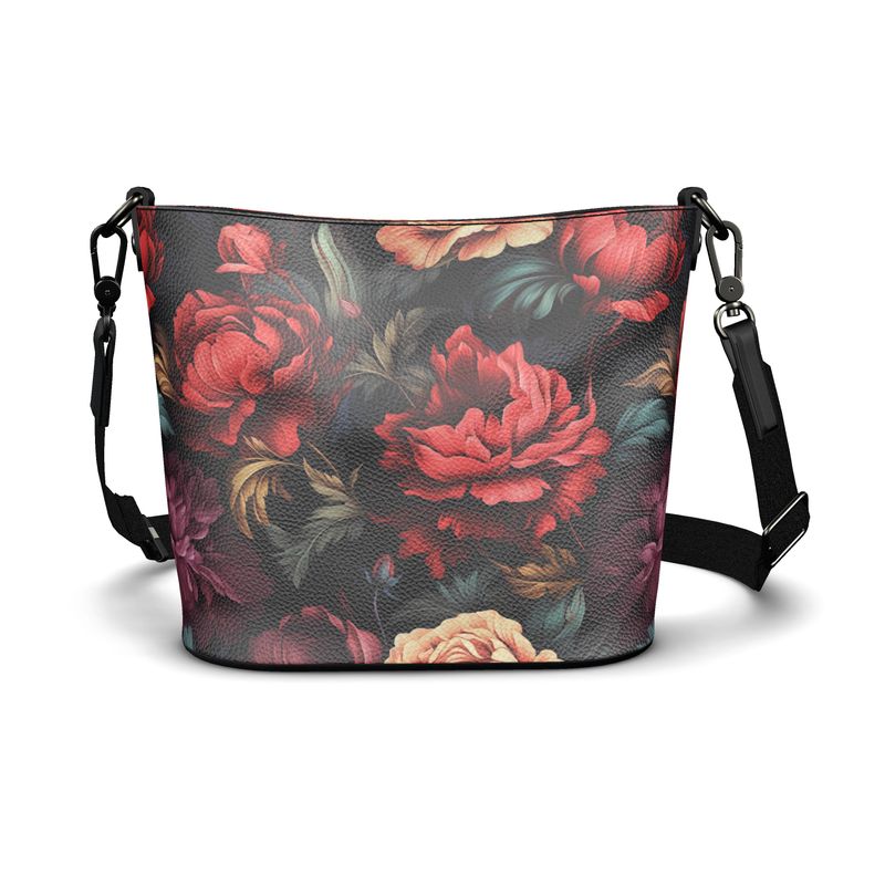 Red and Violet Floral Peony Leather Bucket Purse