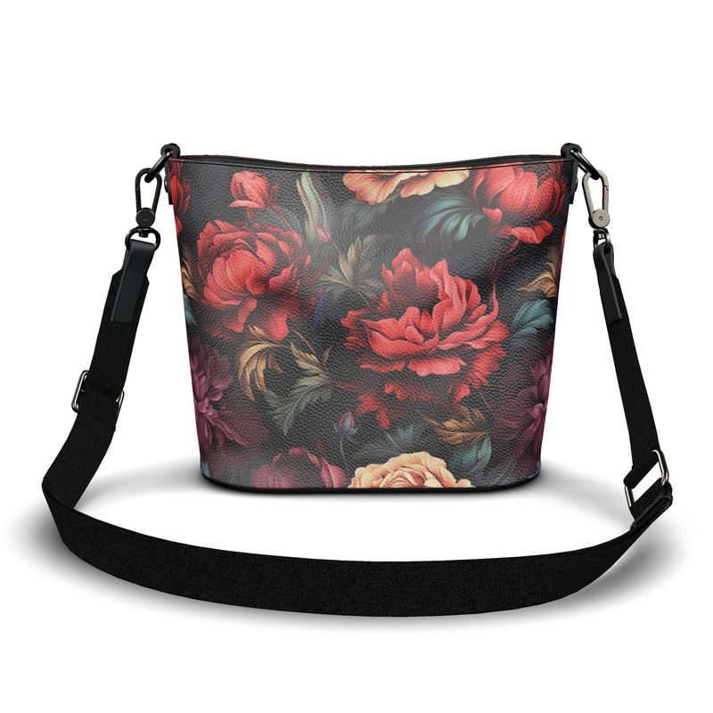 Red and Violet Floral Peony Leather Bucket Purse