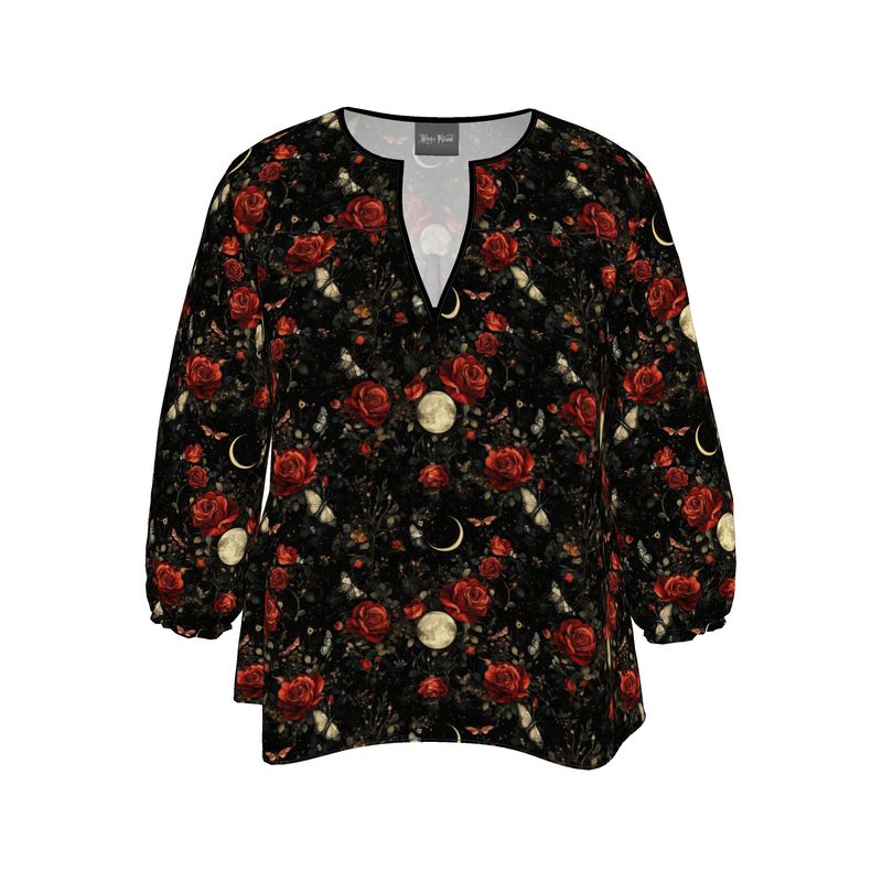 Womens Black and Red Floral Blouse