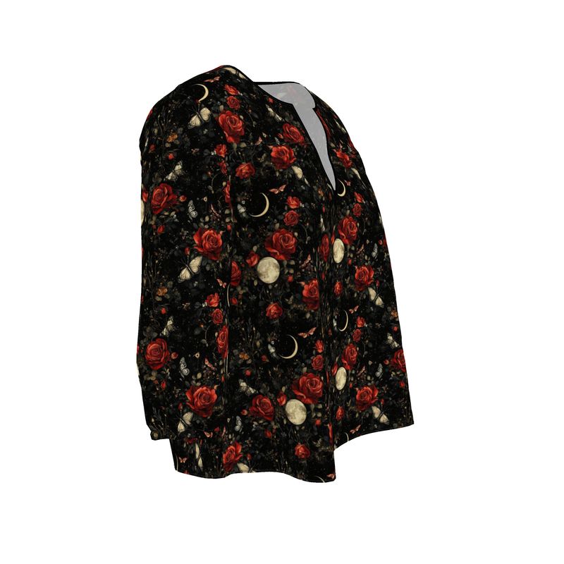 Womens Black and Red Floral Blouse