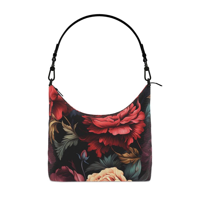 Red and Violet Floral Genuine Leather Hobo Bag