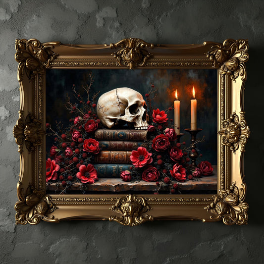 Skull Sitting on Books Art Print: Gothic Dark Academia Home Decor