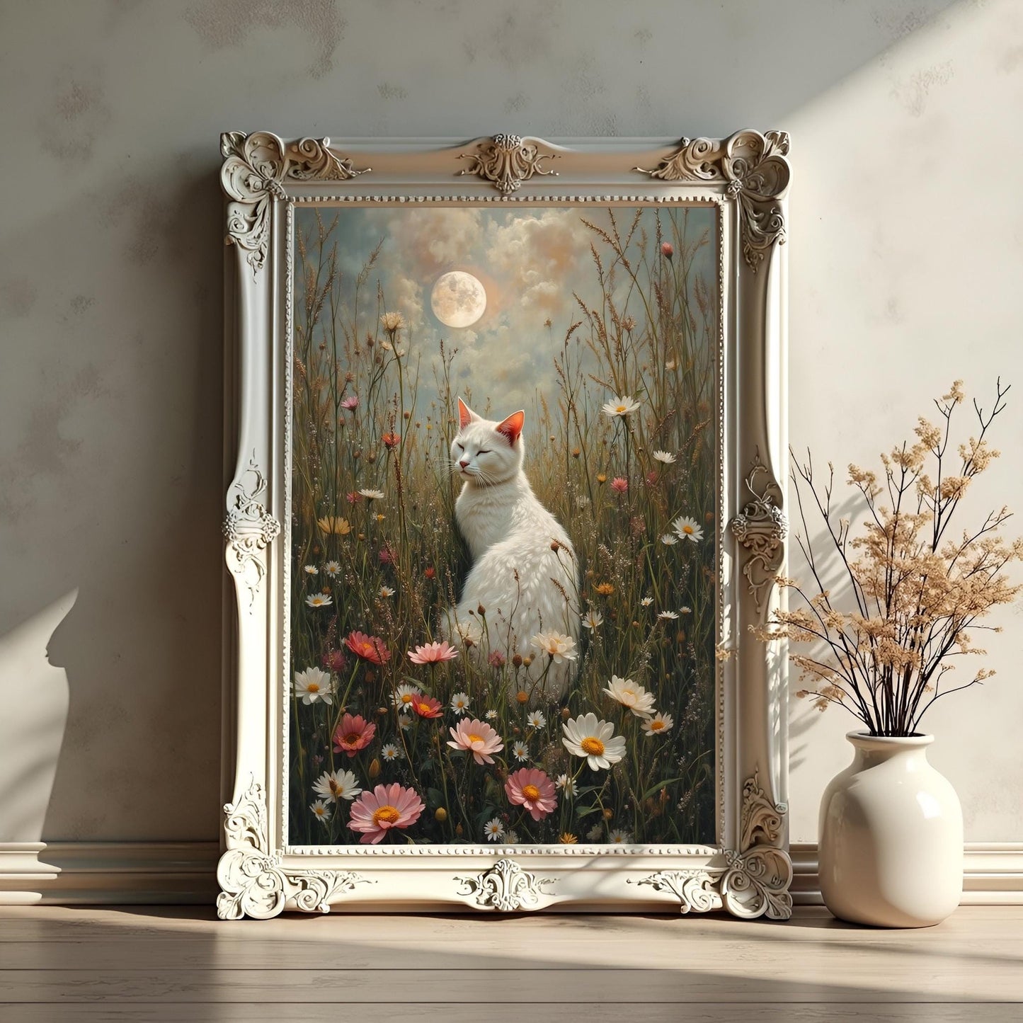 White Cat Art Print: Boho Floral Wall Hanging