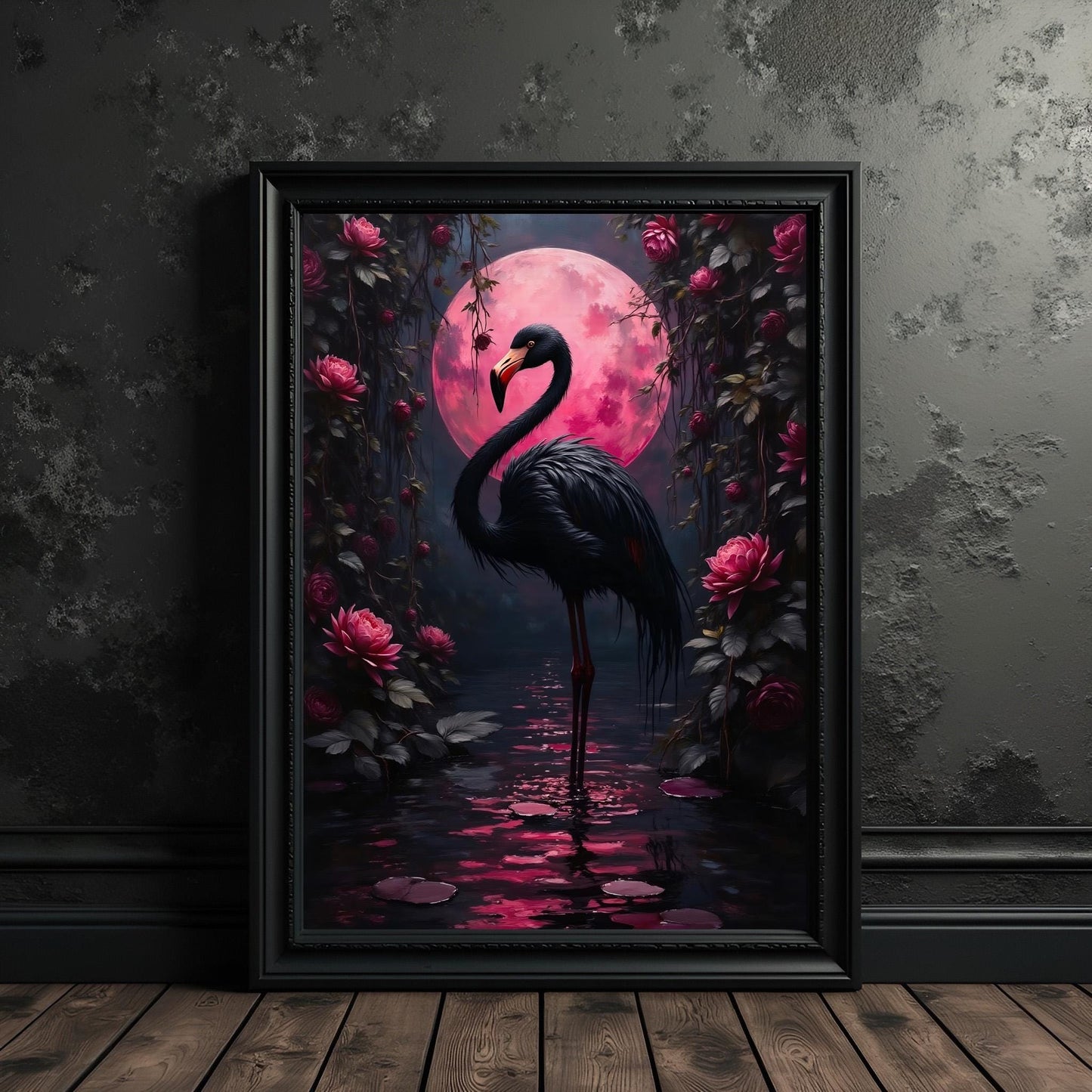 Black Flamingo Art Print: Pink Moon, Dark Tropical Decor
