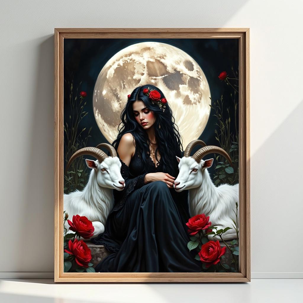 Gothic Woman with Goats Art Print: Alternative Goth, Dark Academia Decor