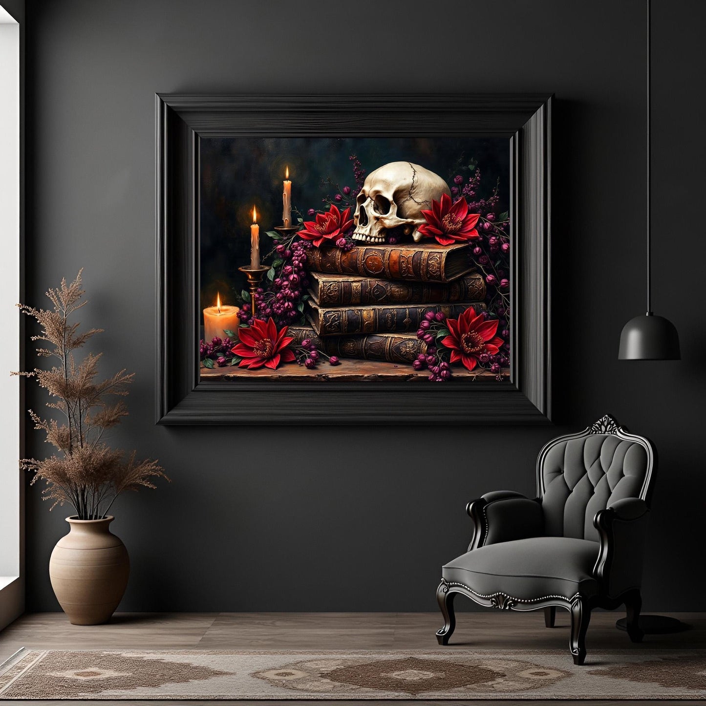 Skull on Books Art Print: Gothic Victorian Home Decor