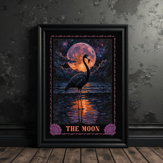 The Moon Flamingo Tarot Card Art Print: Tropical Goth Decor