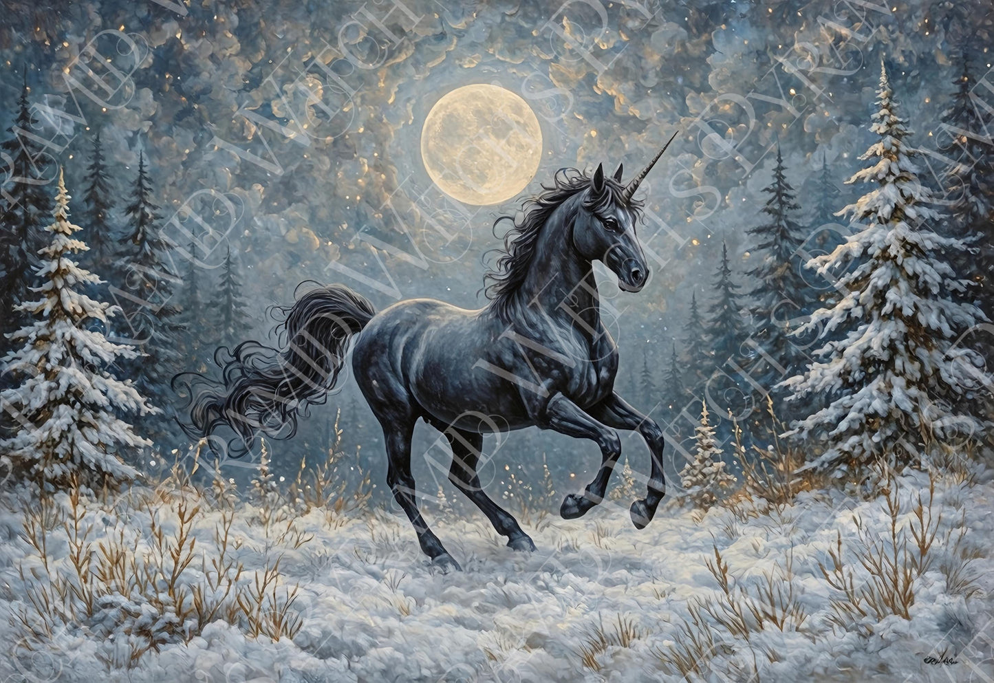 Black Unicorn in a Snowy Moonlit Meadow Art Print: Winter Decor For Unicorn Lovers