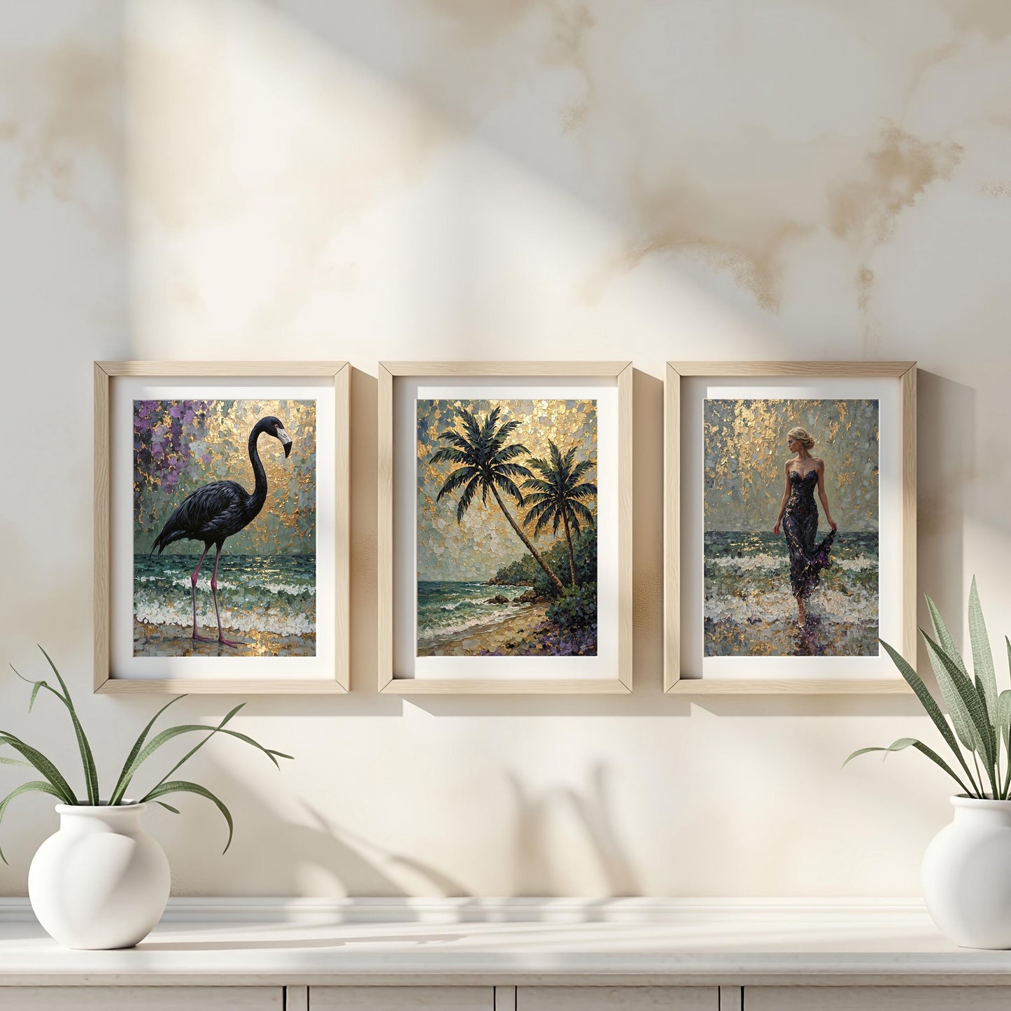 Black Flamingo Abstract Art Print: Purple, Green & Gold Tropical Decor