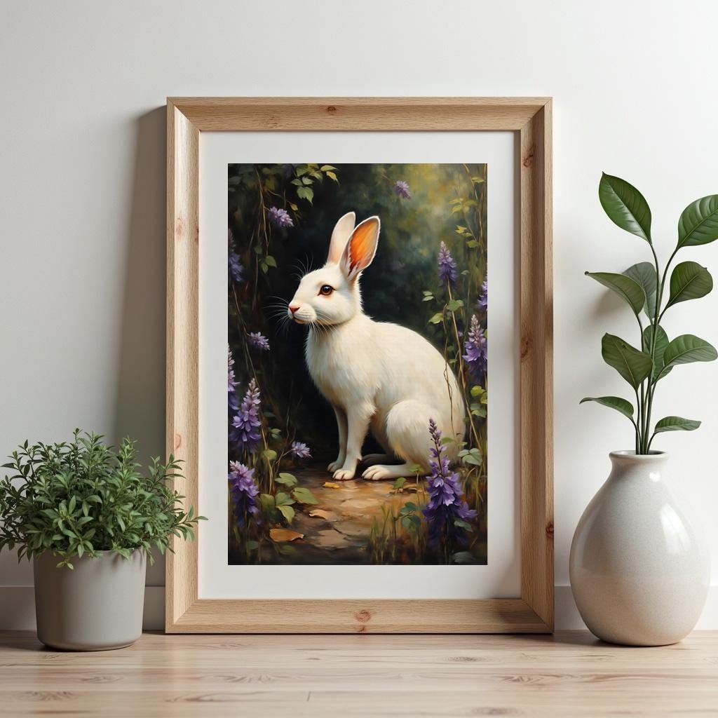 White Rabbit with Lavender Print: Dark Academia Bunny Wall Art