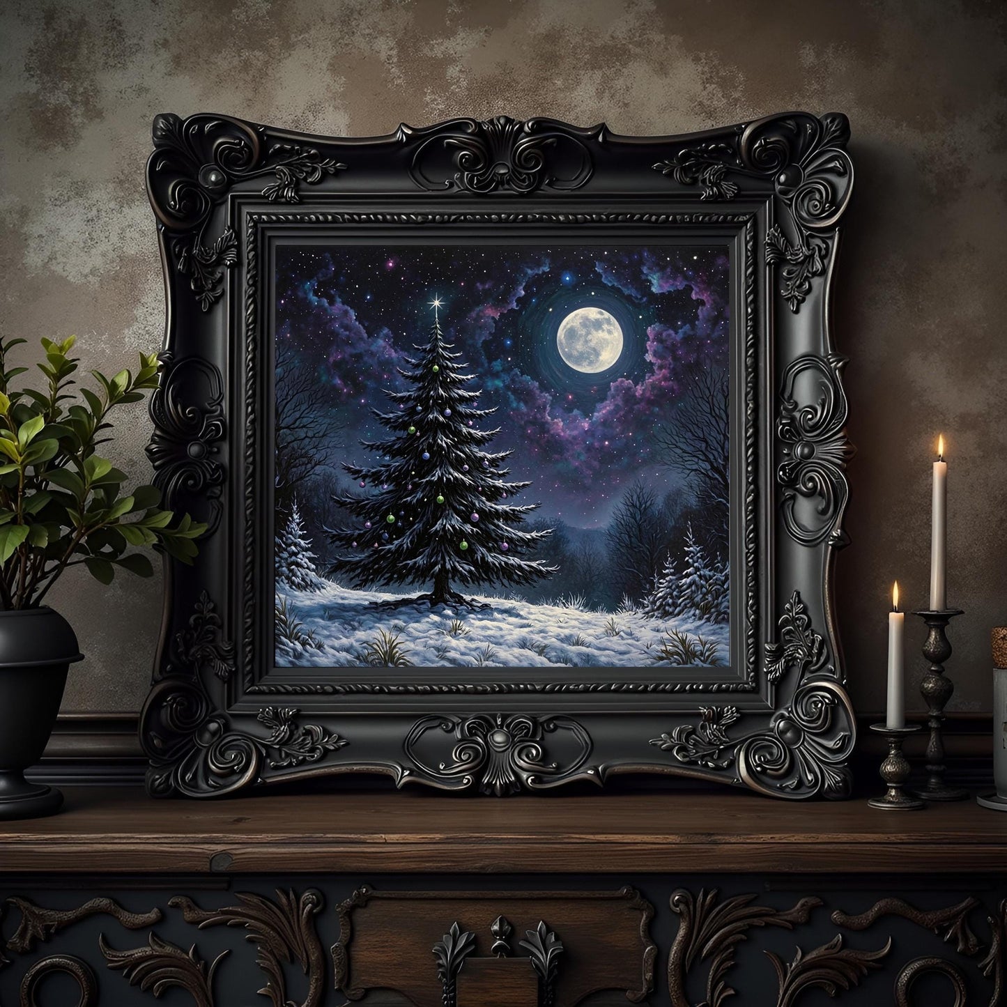 Gothic Full Moon Christmas Tree Print: Celestial Yule, Holiday Decor