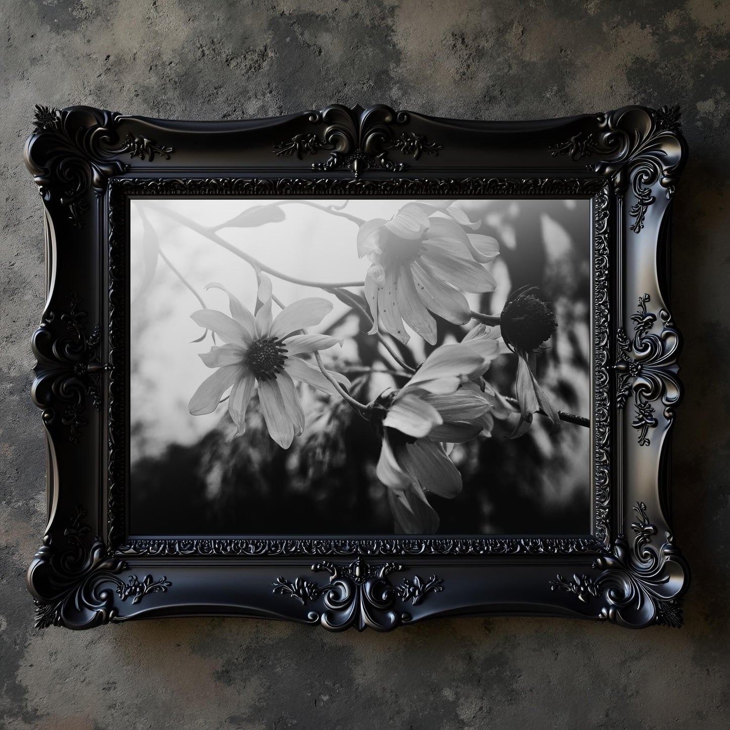 Black and White Floral Photography Print: Dark Botanical Wall Art