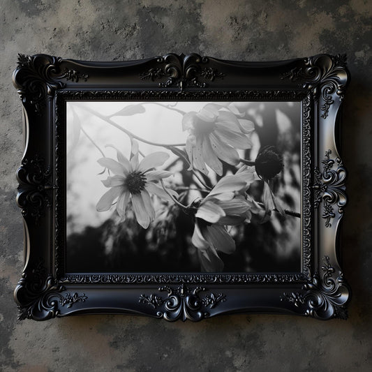 Black and White Floral Photography Print: Dark Botanical Wall Art