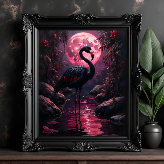 Black Flamingo Art Print: Gothic Tropical Decor