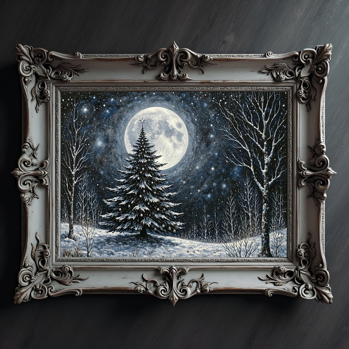 Gothic Christmas Tree Print: Yule Tree Under a Full Moon, Holiday Decor