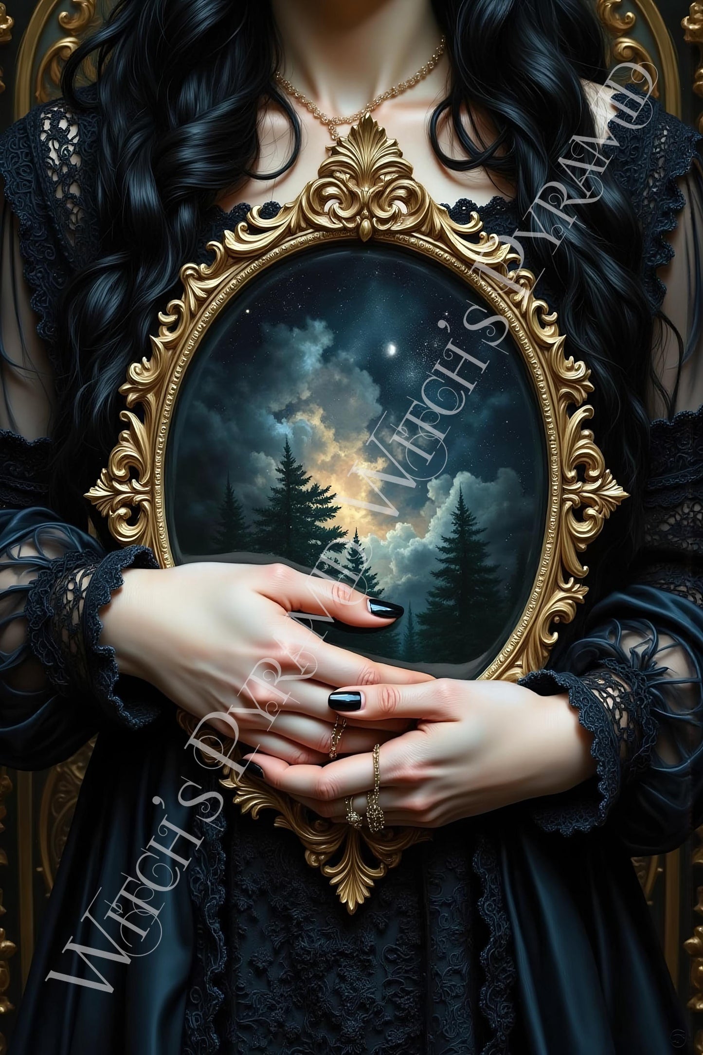 Cosmic Forest Reflections Art Print: Celestial Gothic Decor