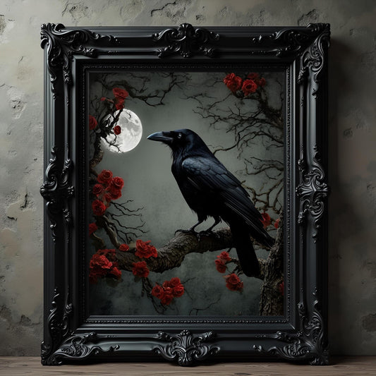 Gothic Crow & Moon Print: Dark Victorian Wall Art, Witchy Decor