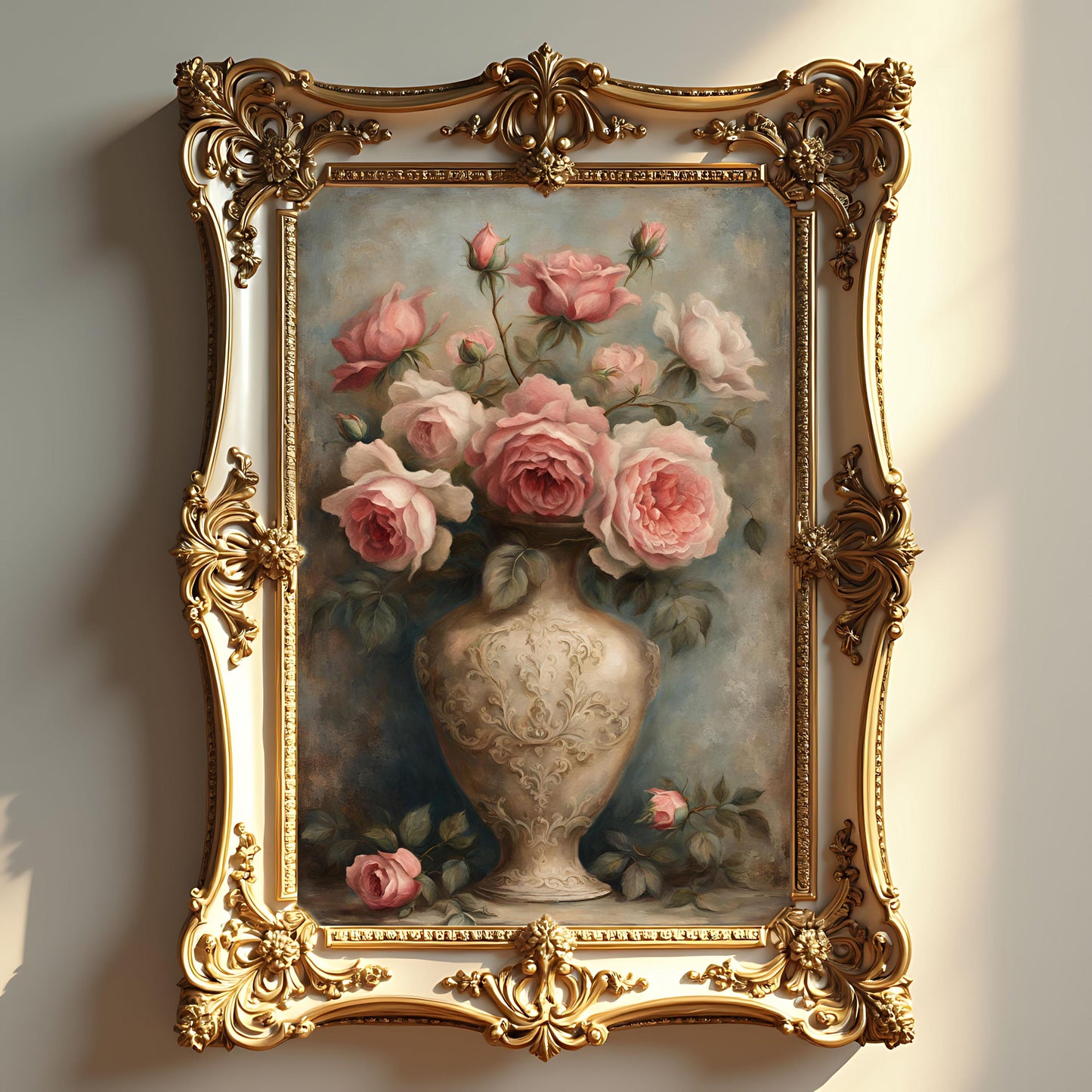 Pink Rose Still Life Art Print: Rococo Botanical Wall Hanging