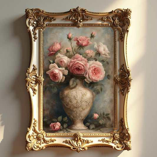 Pink Rose Still Life Art Print: Rococo Botanical Wall Hanging