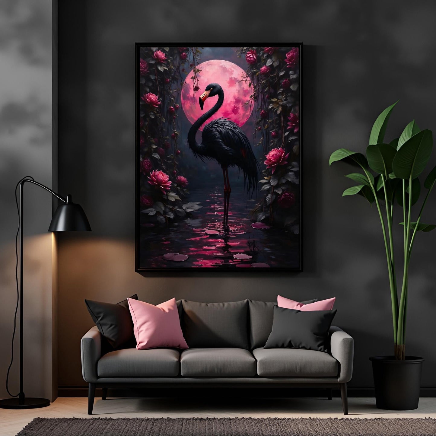 Black Flamingo Art Print: Pink Moon, Dark Tropical Decor