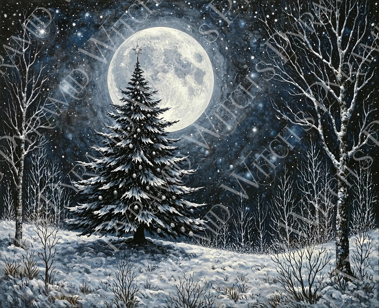 Gothic Christmas Tree Print: Yule Tree Under a Full Moon, Holiday Decor