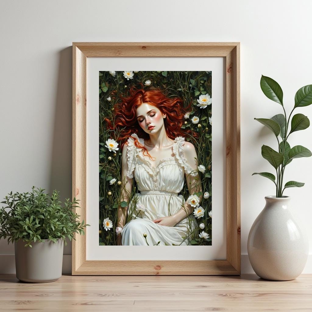 Woman Laying in a Meadow Art Print: Dark Academia Home Decor