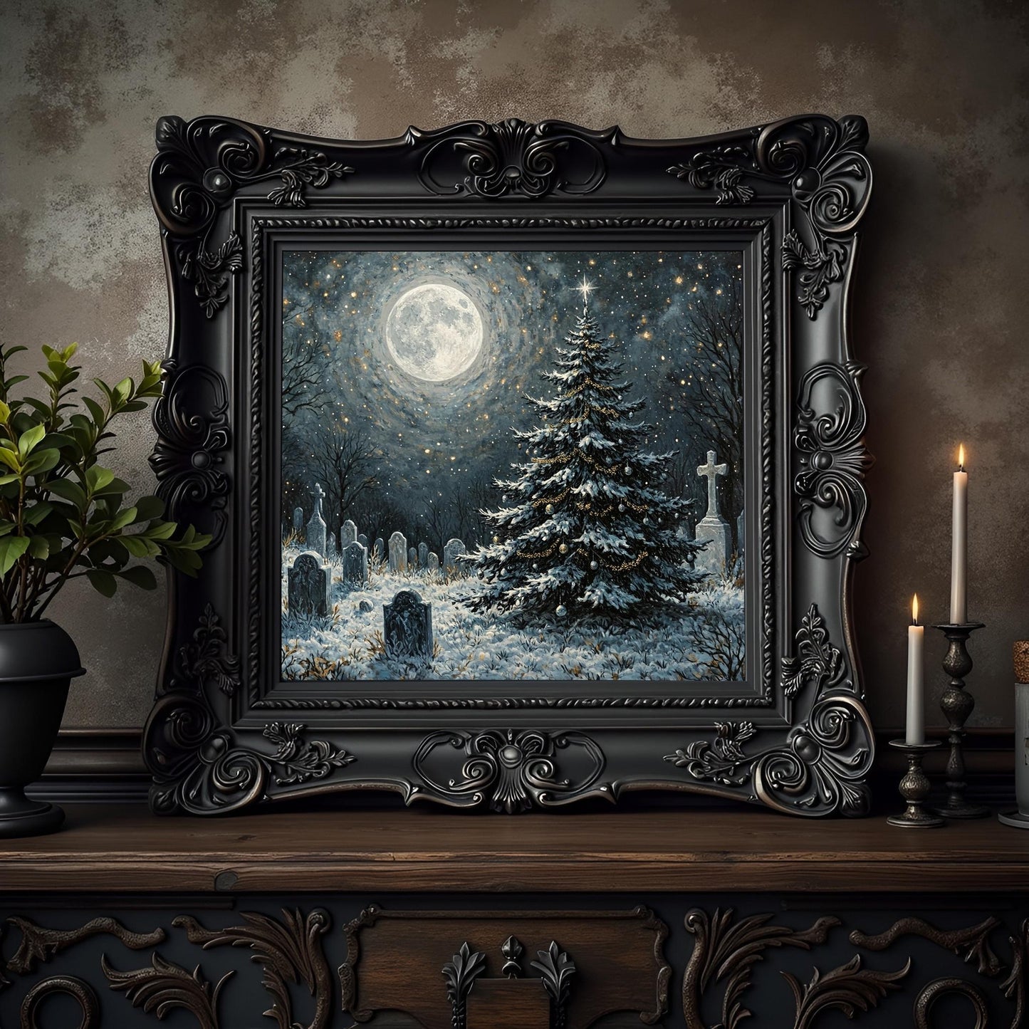 Gothic Graveyard Christmas Tree Print: Dark Yule, Holiday Decor