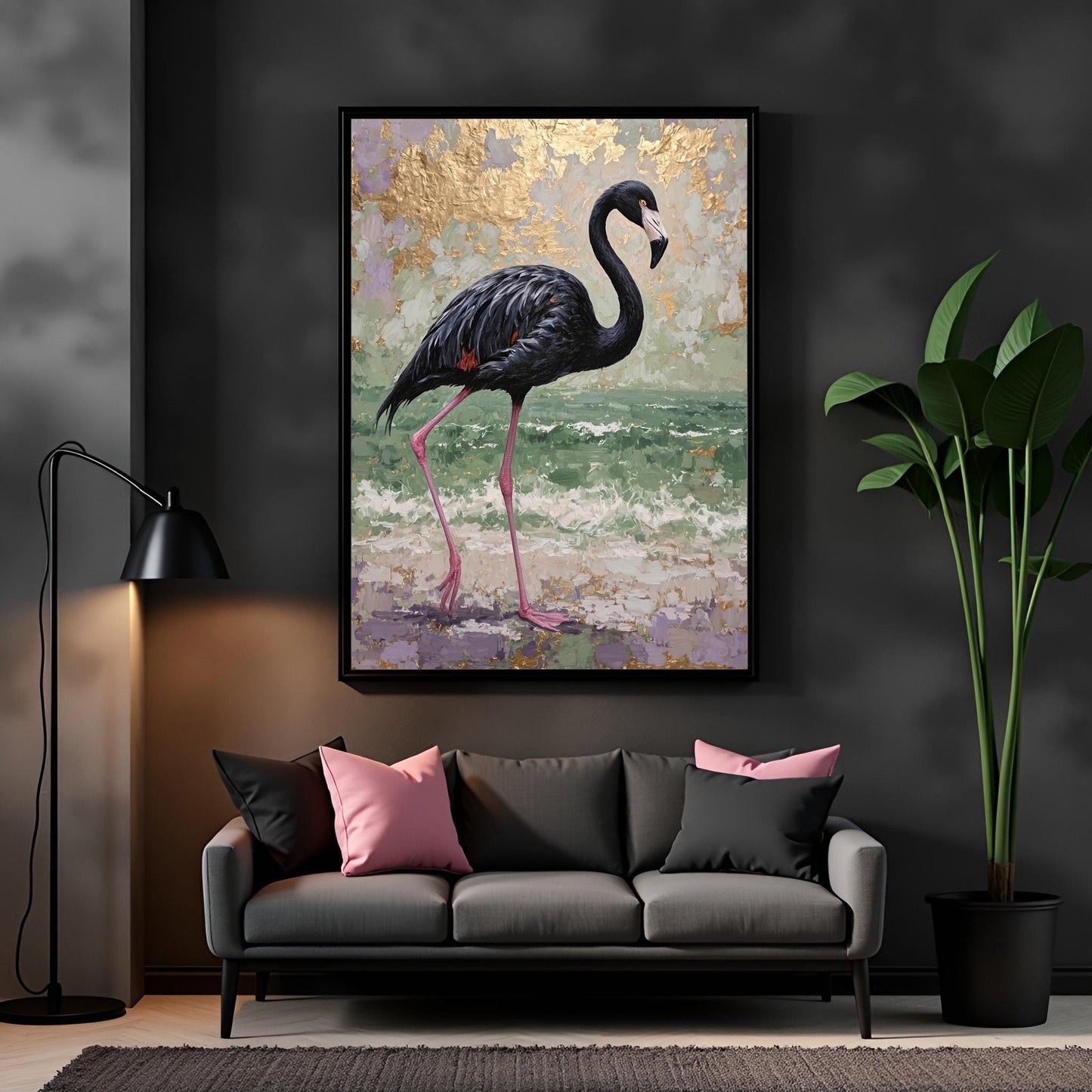 Black Flamingo Abstract Art Print: Purple, Green & Gold Tropical Decor