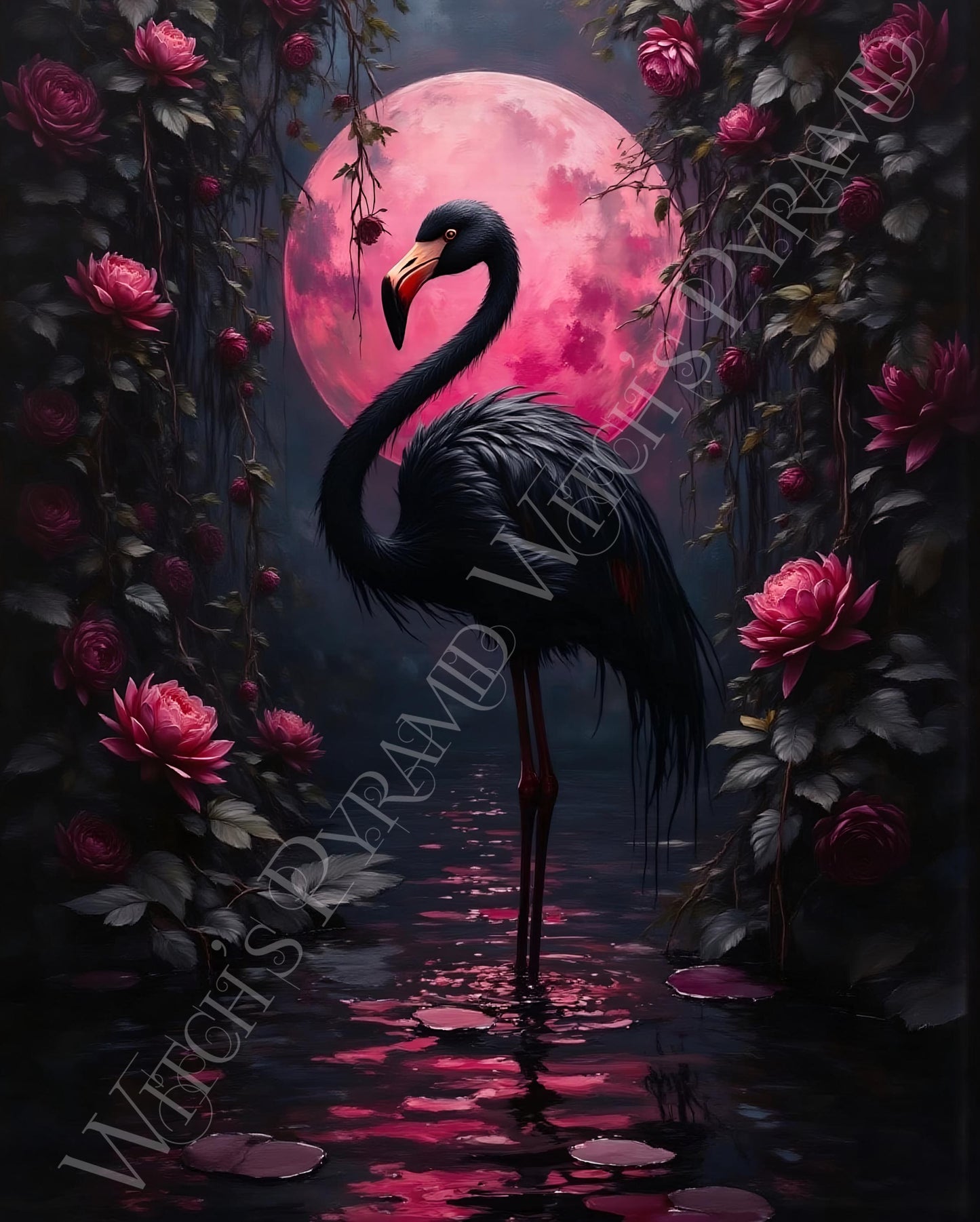 Black Flamingo Art Print: Pink Moon, Dark Tropical Decor