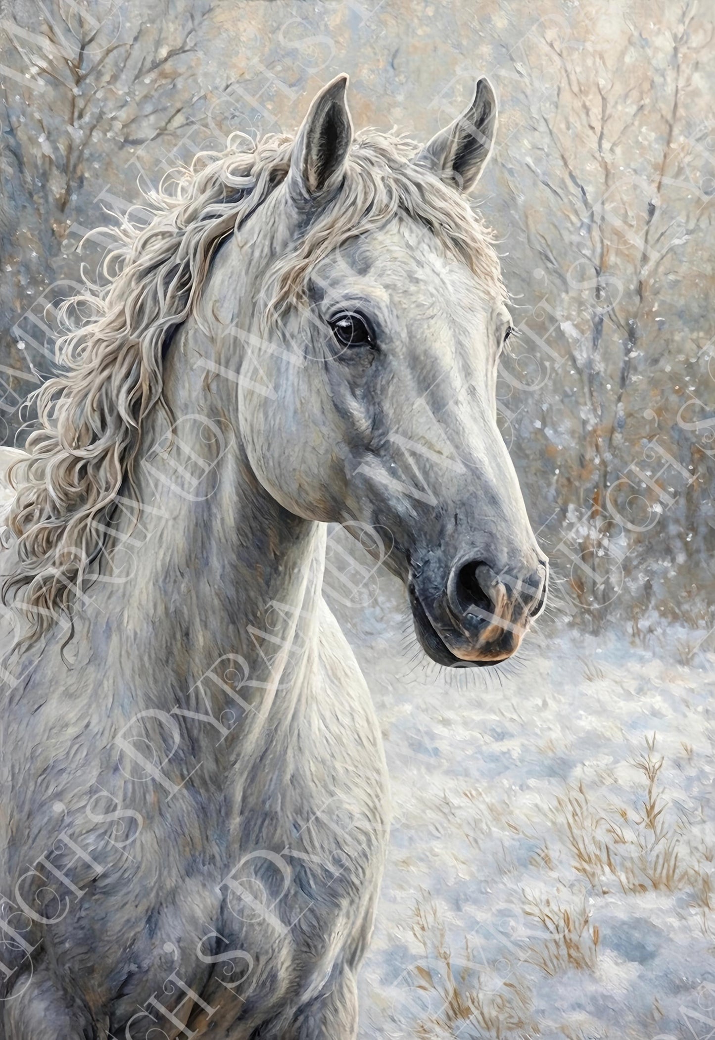 White Horse Portrait Art Print: Winter Snow Scene