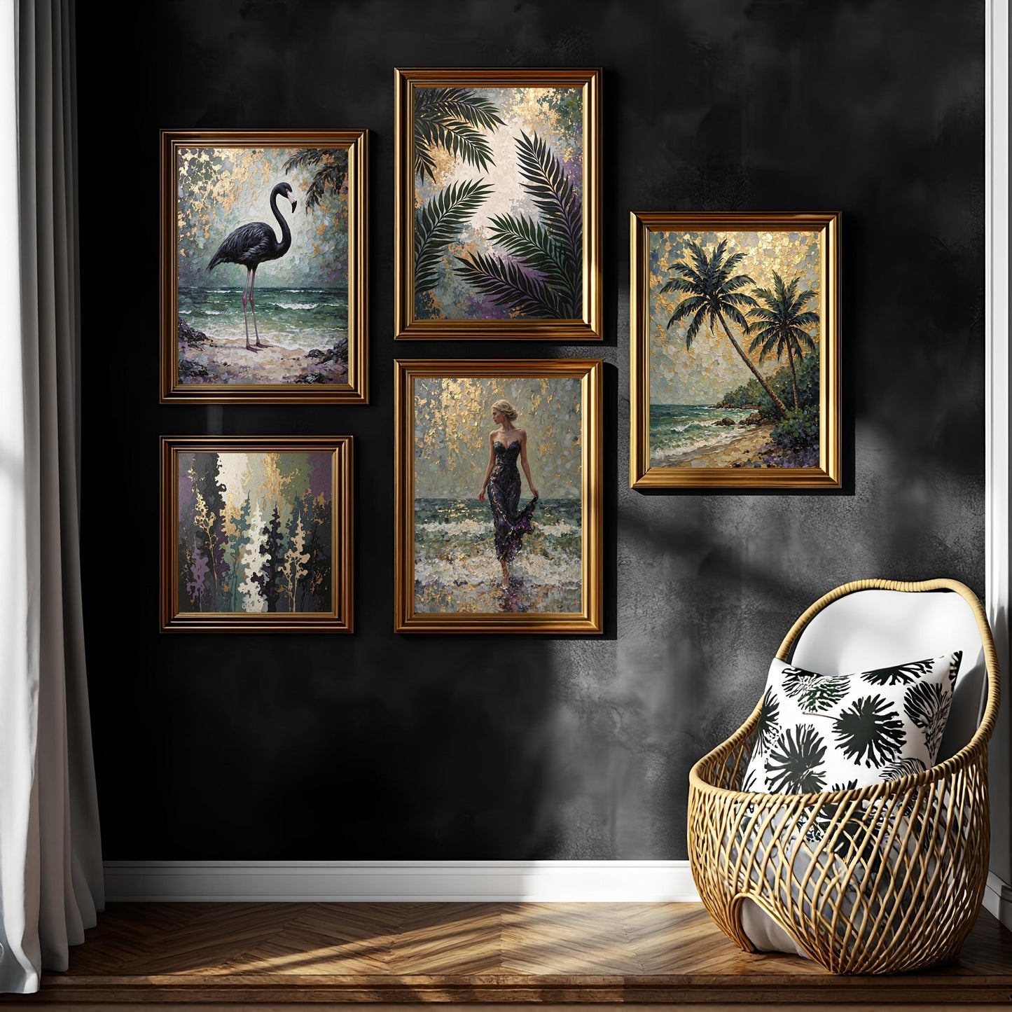 Black Flamingo Abstract Art Print: Purple, Green & Gold Tropical Decor