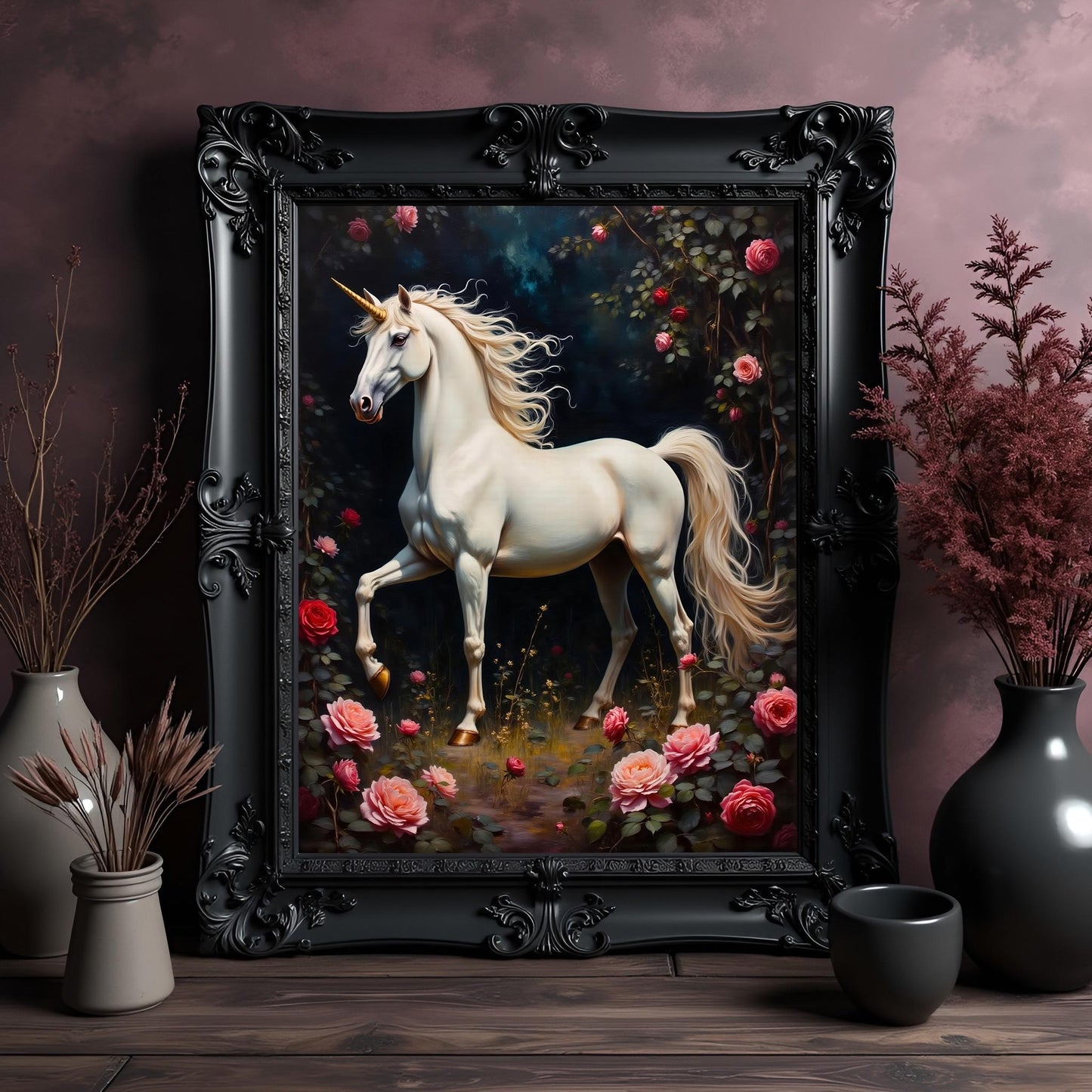 White Unicorn Floral Artwork: Victorian Fantasy Home Decor Print