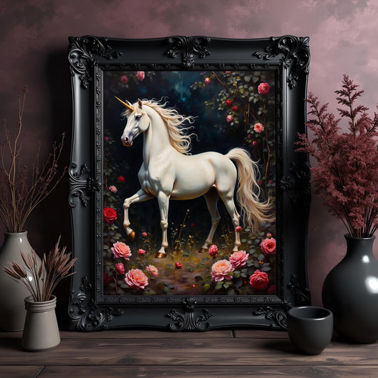 White Unicorn Floral Artwork: Victorian Fantasy Home Decor Print