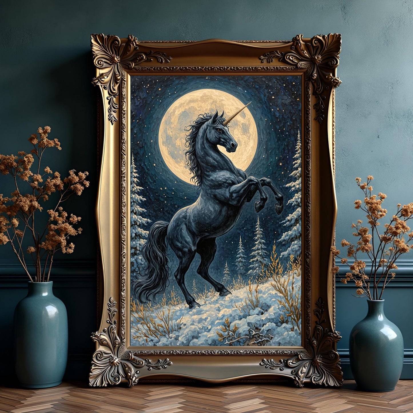 Black Unicorn on a Snowy Moonlit Mountain Art Print: Winter Decor For Unicorn Lovers