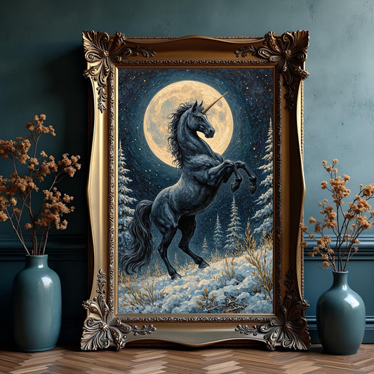 Black Unicorn on a Snowy Moonlit Mountain Art Print: Winter Decor For Unicorn Lovers