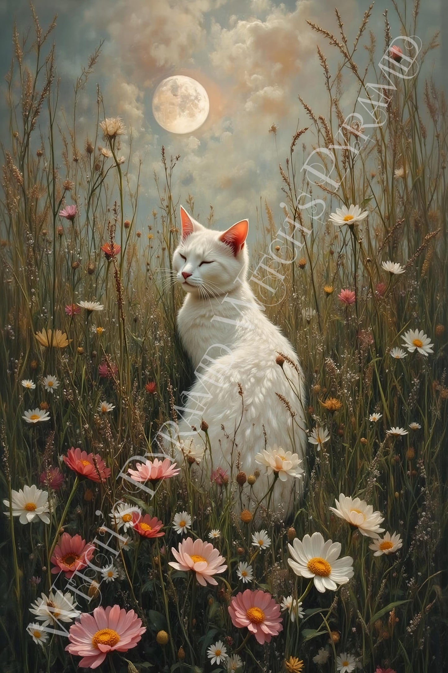 White Cat Art Print: Boho Floral Wall Hanging